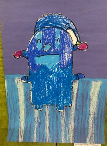 A colorful drawing of a blue cartoon character with a hat and arms raised, set against a purple background.