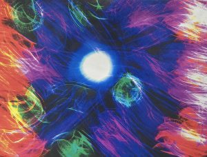 A vibrant abstract artwork featuring swirls of color around a central white circle, set against a dark background.