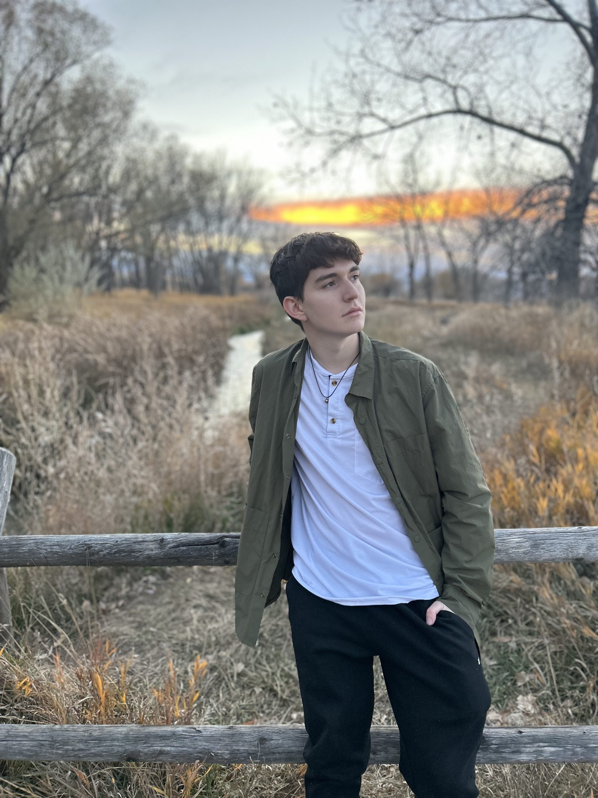 A young man in a green jacket stands by a stream at sunset, surrounded by tall grass and trees.
