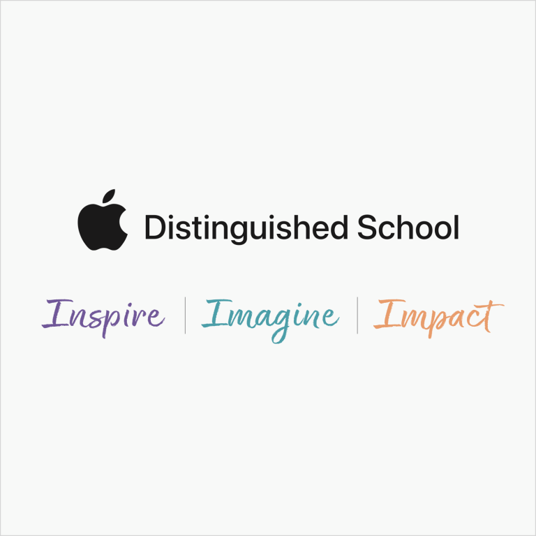 Apple Distinguished School logo with the words Inspire, Imagine, Impact in colorful text.